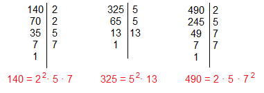 Descomposición factorial de 140, 325 y 490 Descomposición factorial de 140, 325 y 490